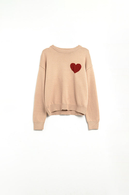 Beige Sweater With Red Heart Detail